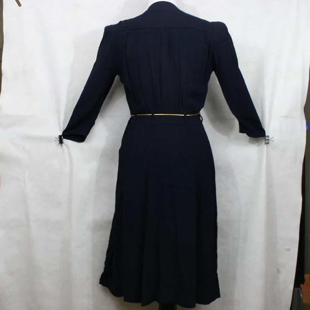 Vintage 40's Navy Blue Crepe Dress w/Embroider Pocket & Gold Cord Belt SZ XS EUC - Picture 5 of 7
